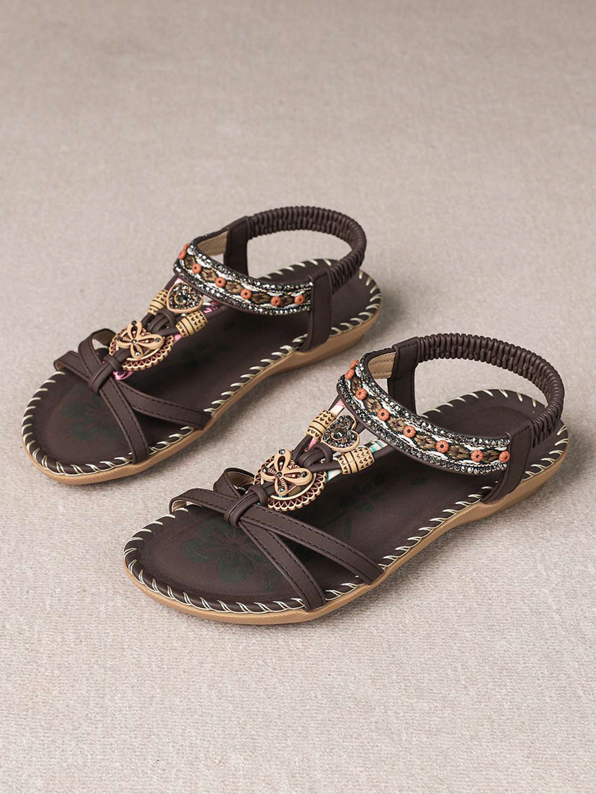 Boho Butterfly Heart Beaded Rhinestone Flat Sandals - Image 11
