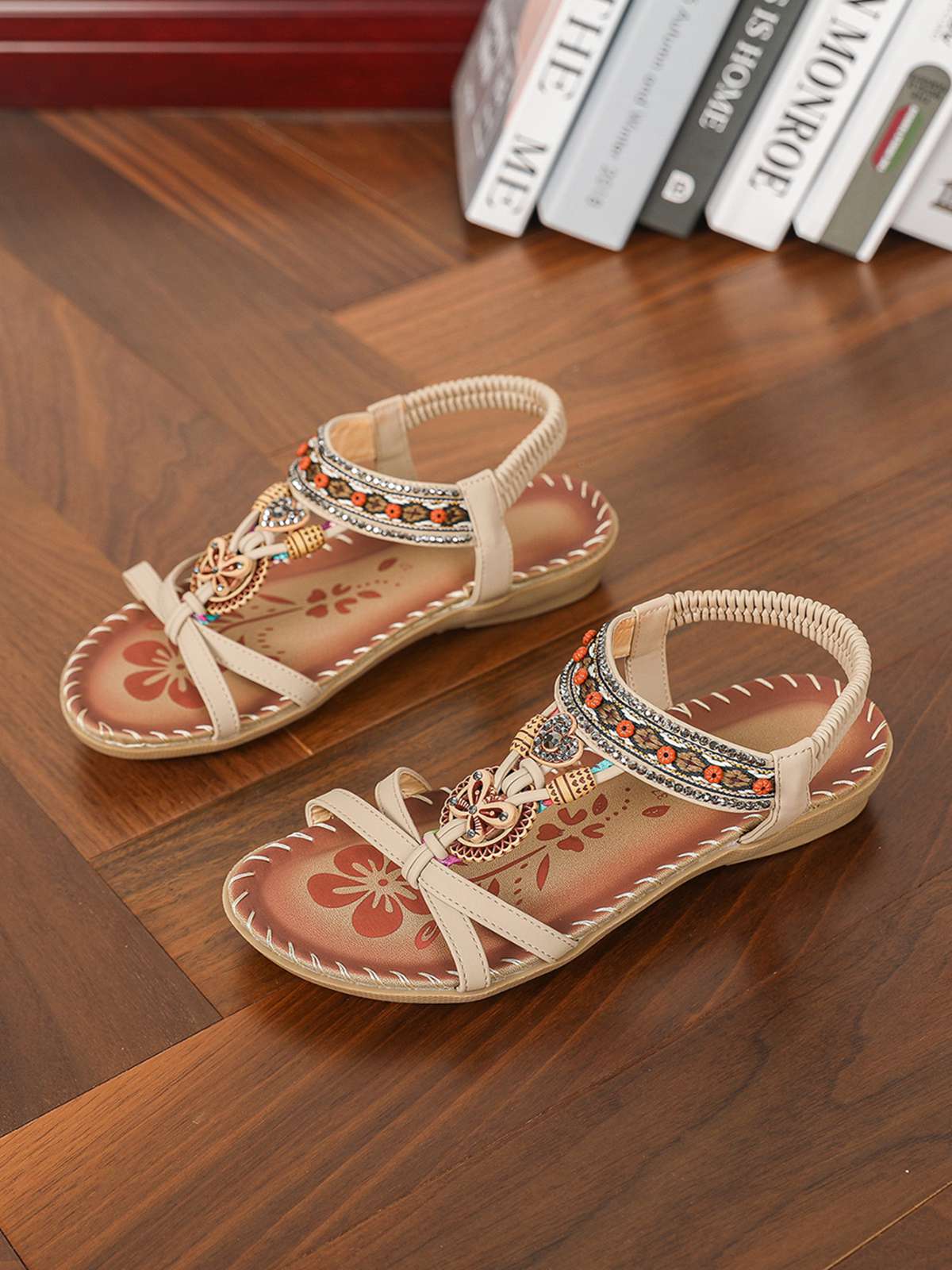 Boho Butterfly Heart Beaded Rhinestone Flat Sandals - Image 3