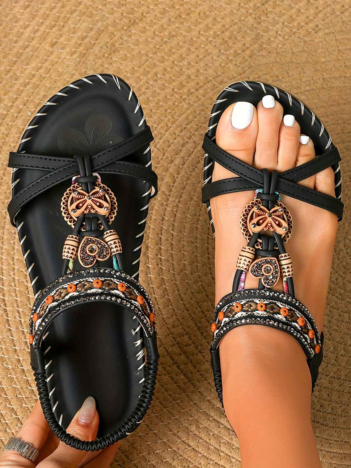 Boho Butterfly Heart Beaded Rhinestone Flat Sandals - Image 5