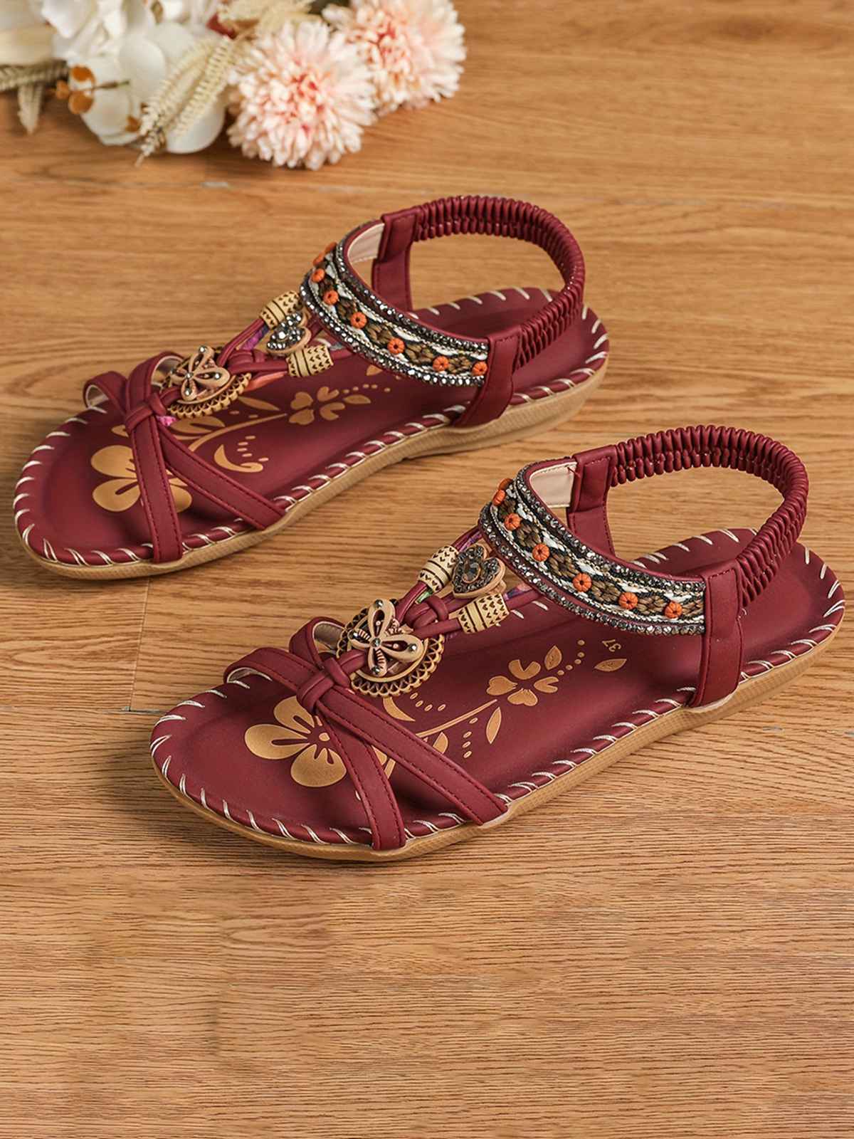 Boho Butterfly Heart Beaded Rhinestone Flat Sandals - Image 9