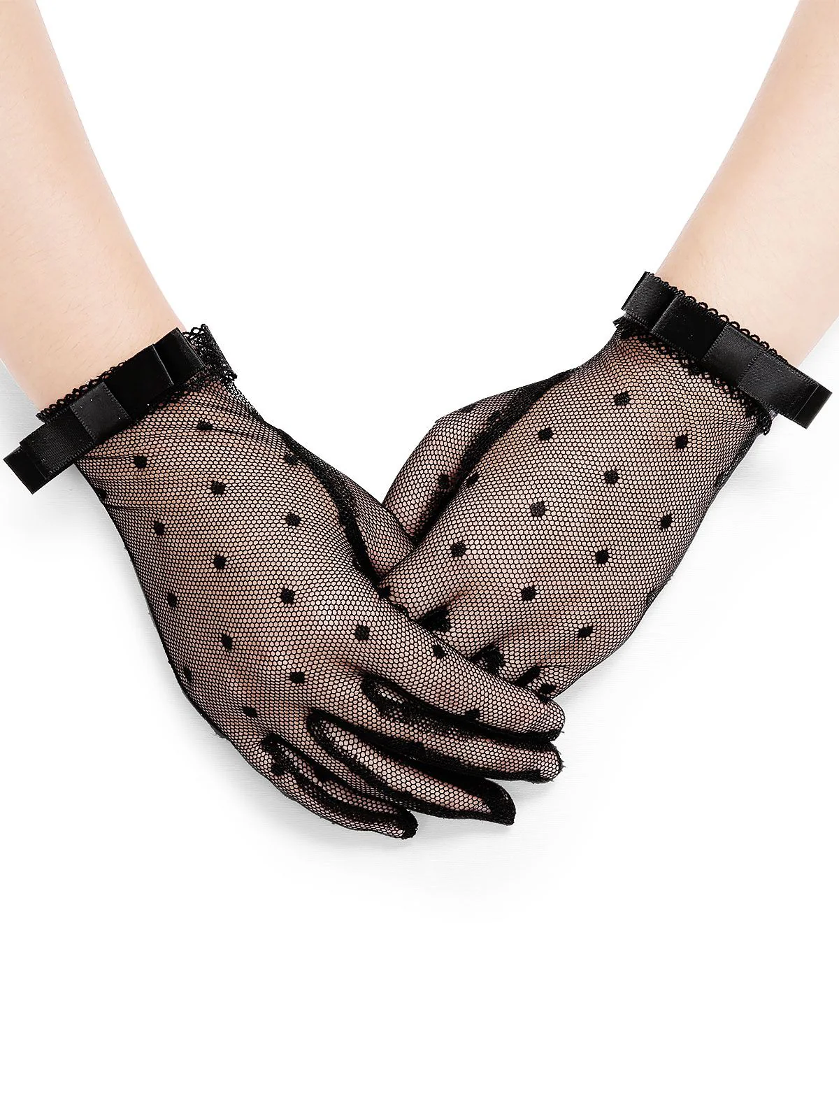 Bow Knot Polka Dot Mesh Gloves - Image 2