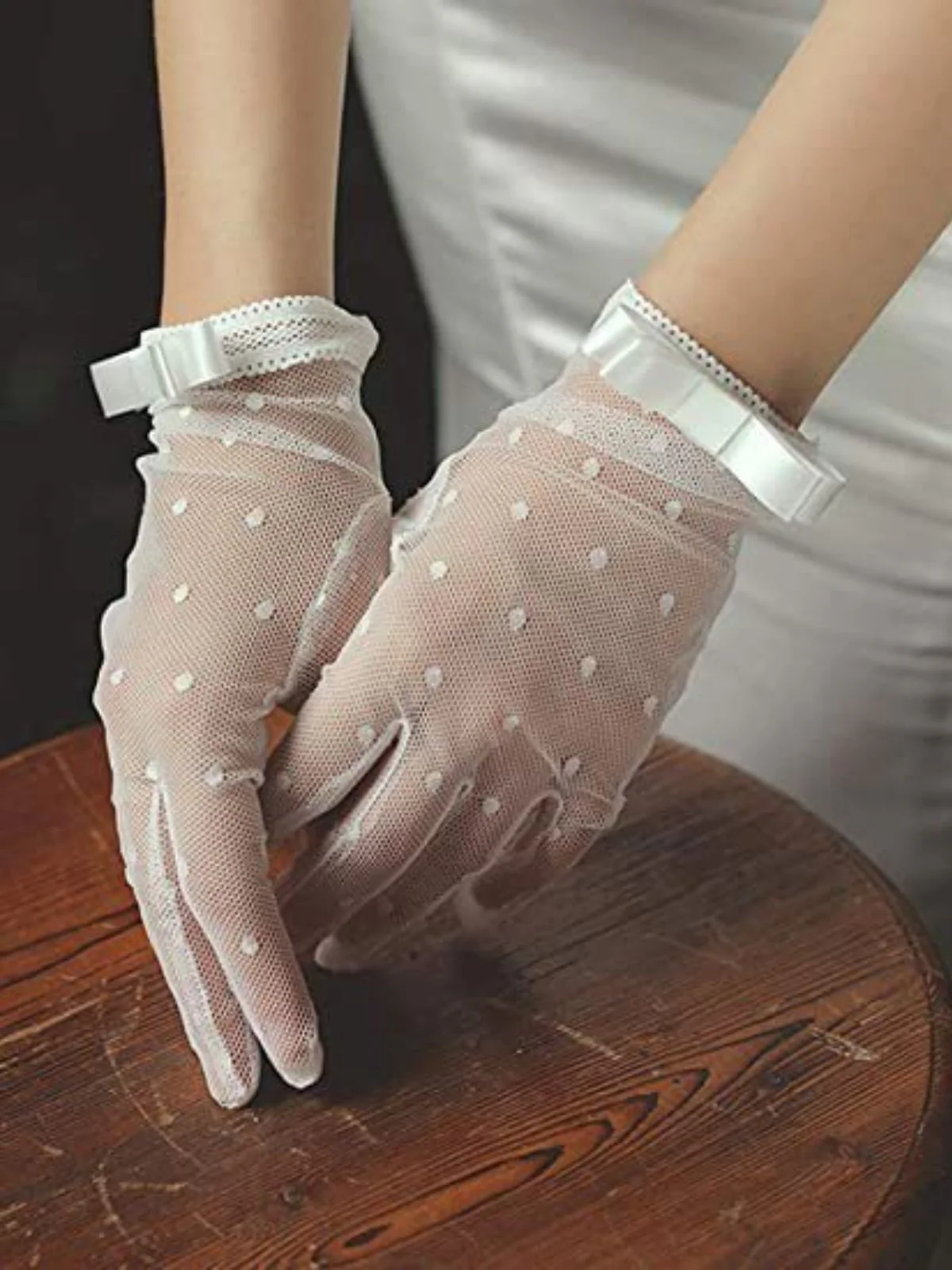 Bow Knot Polka Dot Mesh Gloves - Image 3