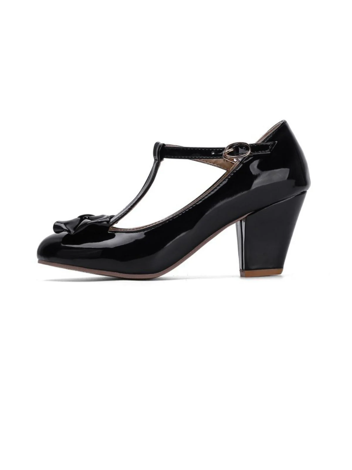 Bow Leather T-Strap Chunky Heel Shoes - Image 2