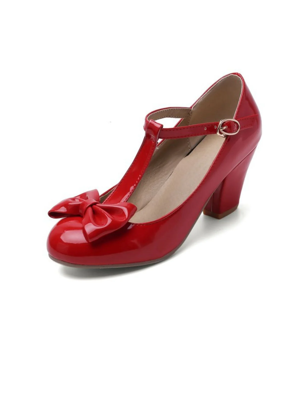 Bow Leather T-Strap Chunky Heel Shoes - Image 4