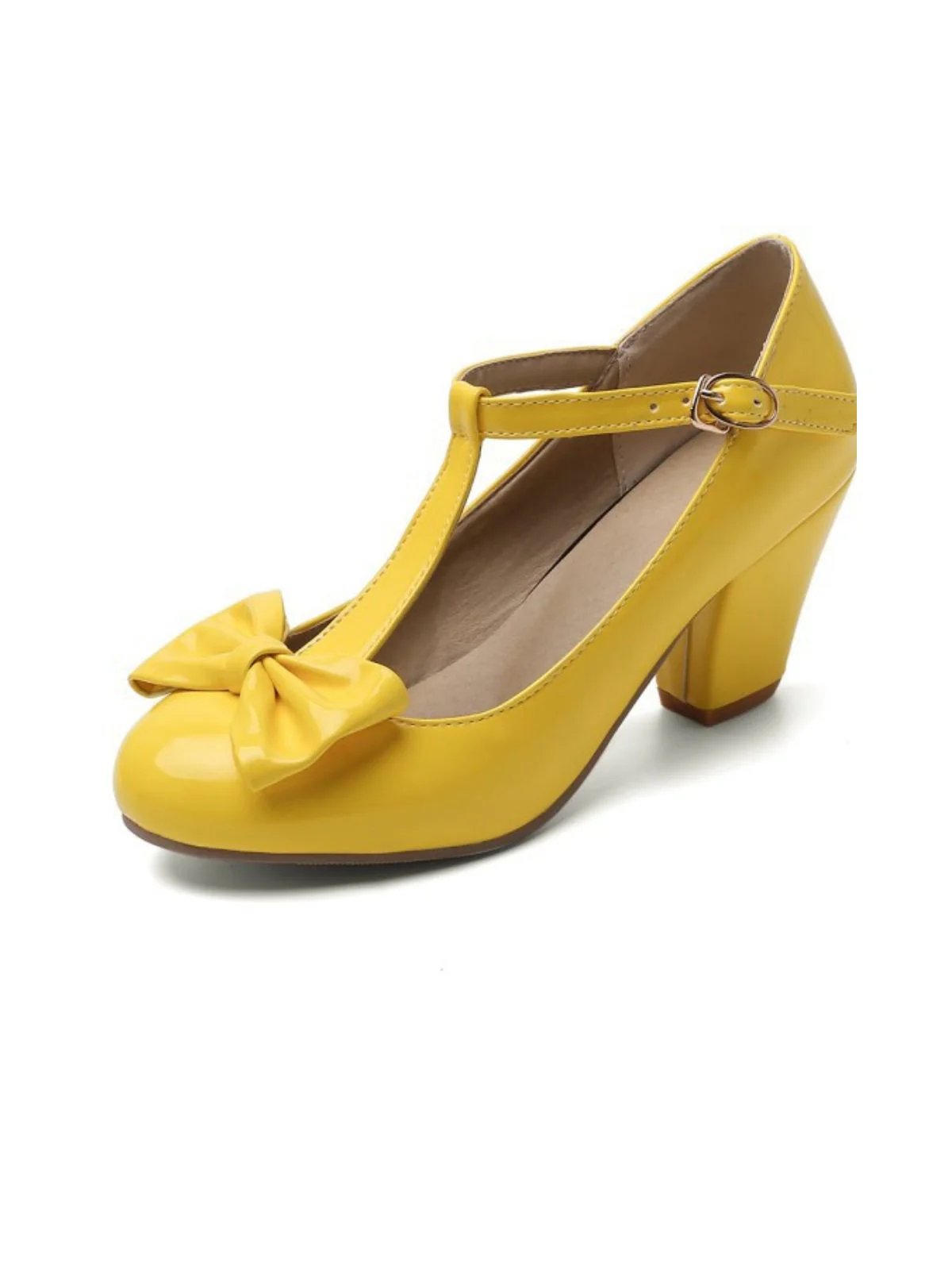 Bow Leather T-Strap Chunky Heel Shoes - Image 7