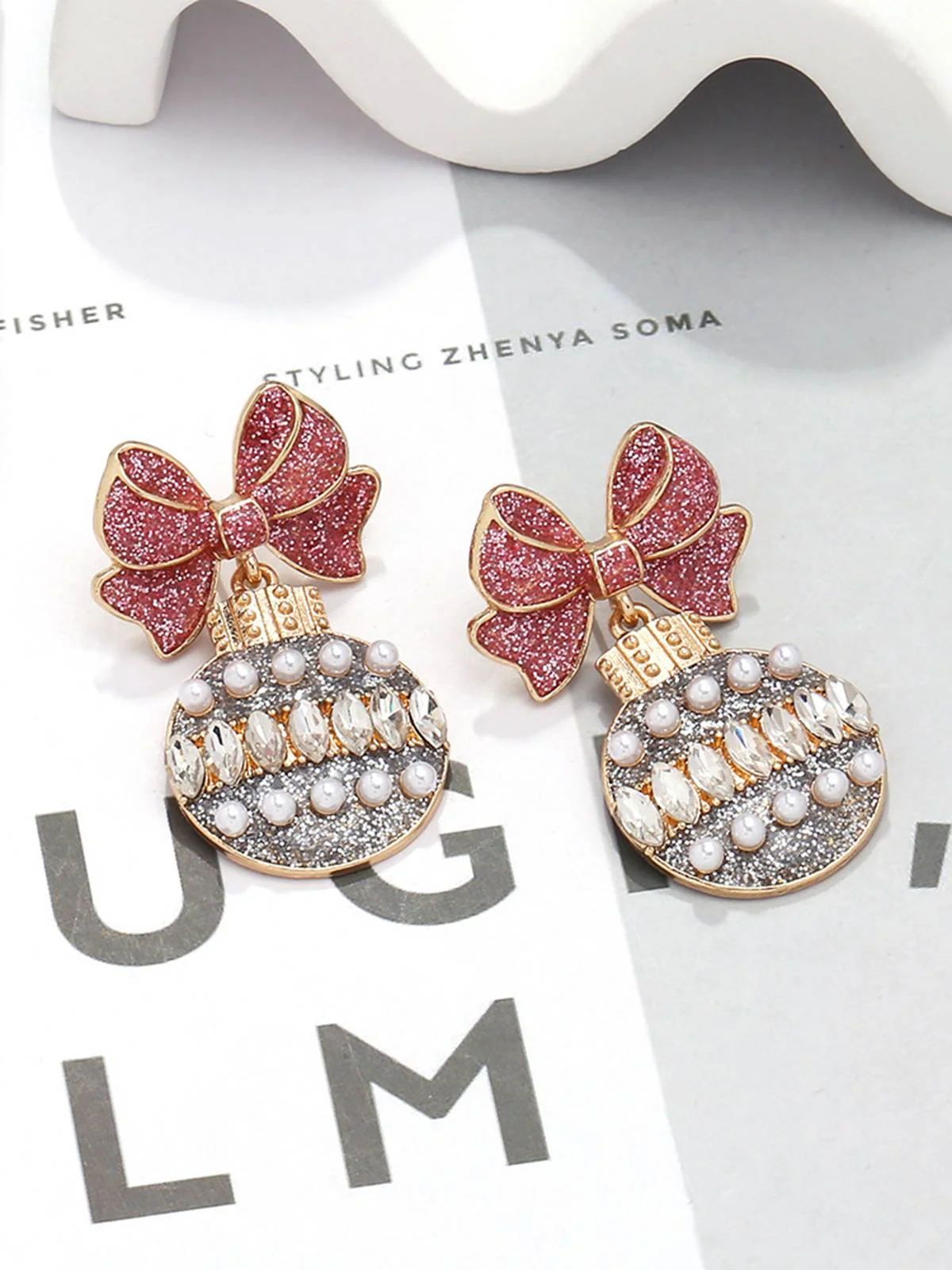 Glitter Bow & Light Bulbs Rhinestone Earrings - Image 2