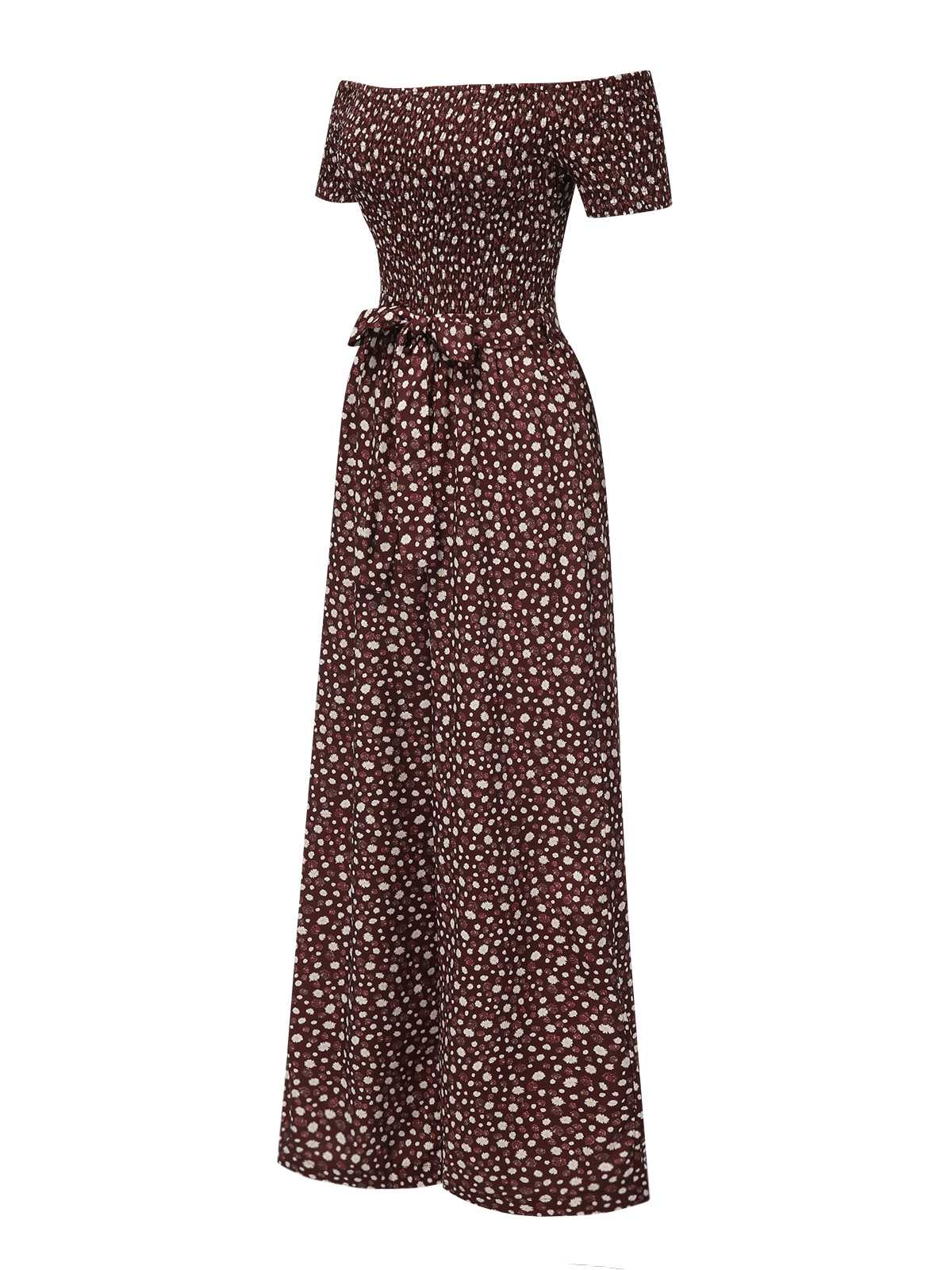 Red 1940s Off-Shoulder Ditsy Smocked Jumpsuit - Image 2
