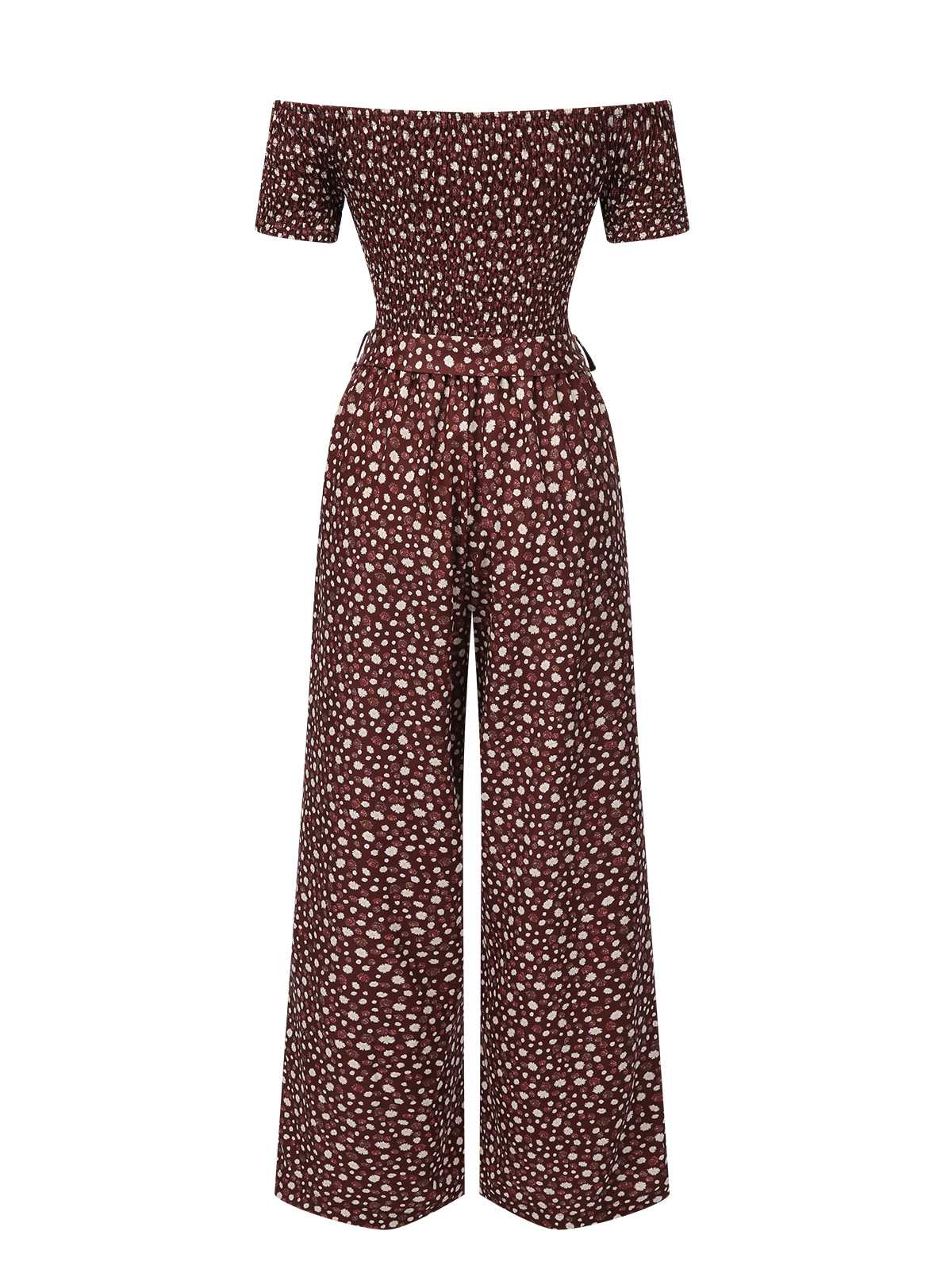Red 1940s Off-Shoulder Ditsy Smocked Jumpsuit - Image 3