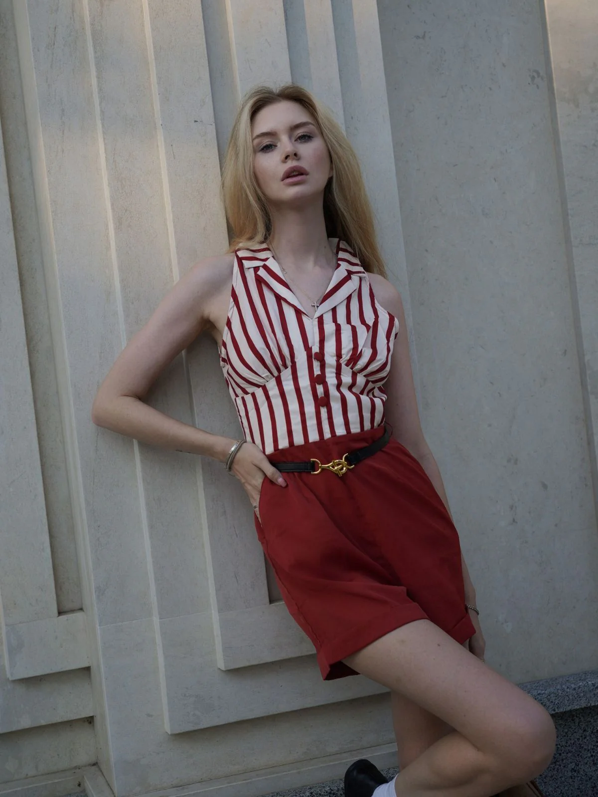 Brick Red 1940s Striped Lapel Romper - Image 2