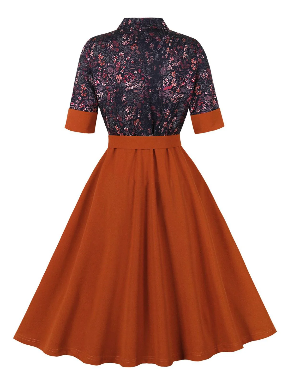 Brick Red 1950s Lapel Floral Patchwork Dress - Image 2