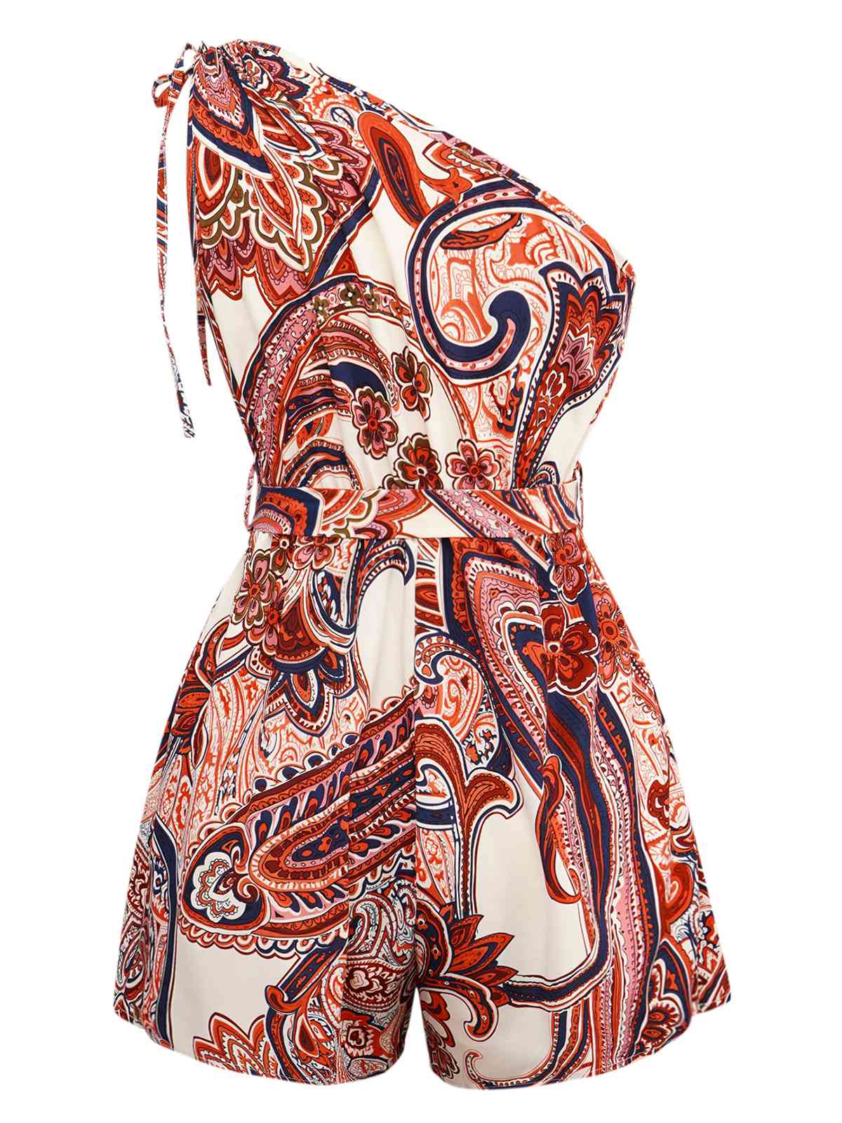 Brick Red 1970s One-Shoulder Bohemian Floral Romper - Image 2