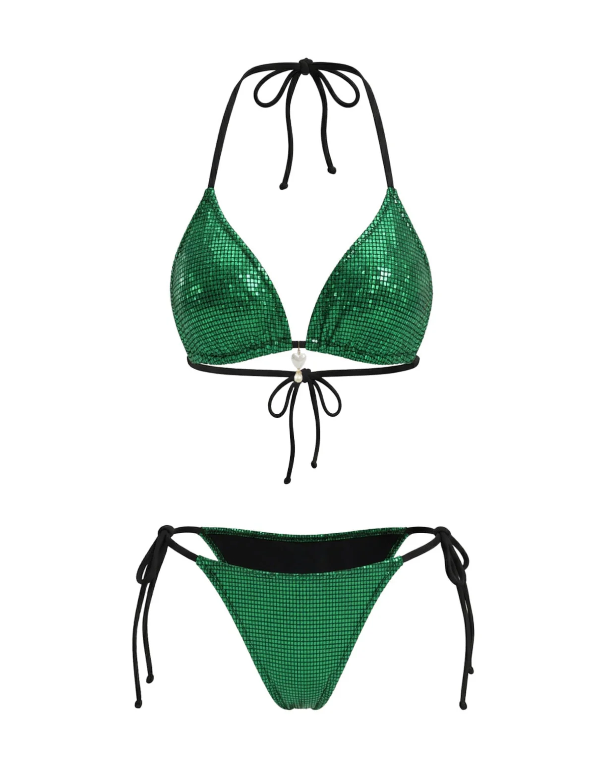 Bright Green 1980s Sequin Halter String Bikini Set - Image 2
