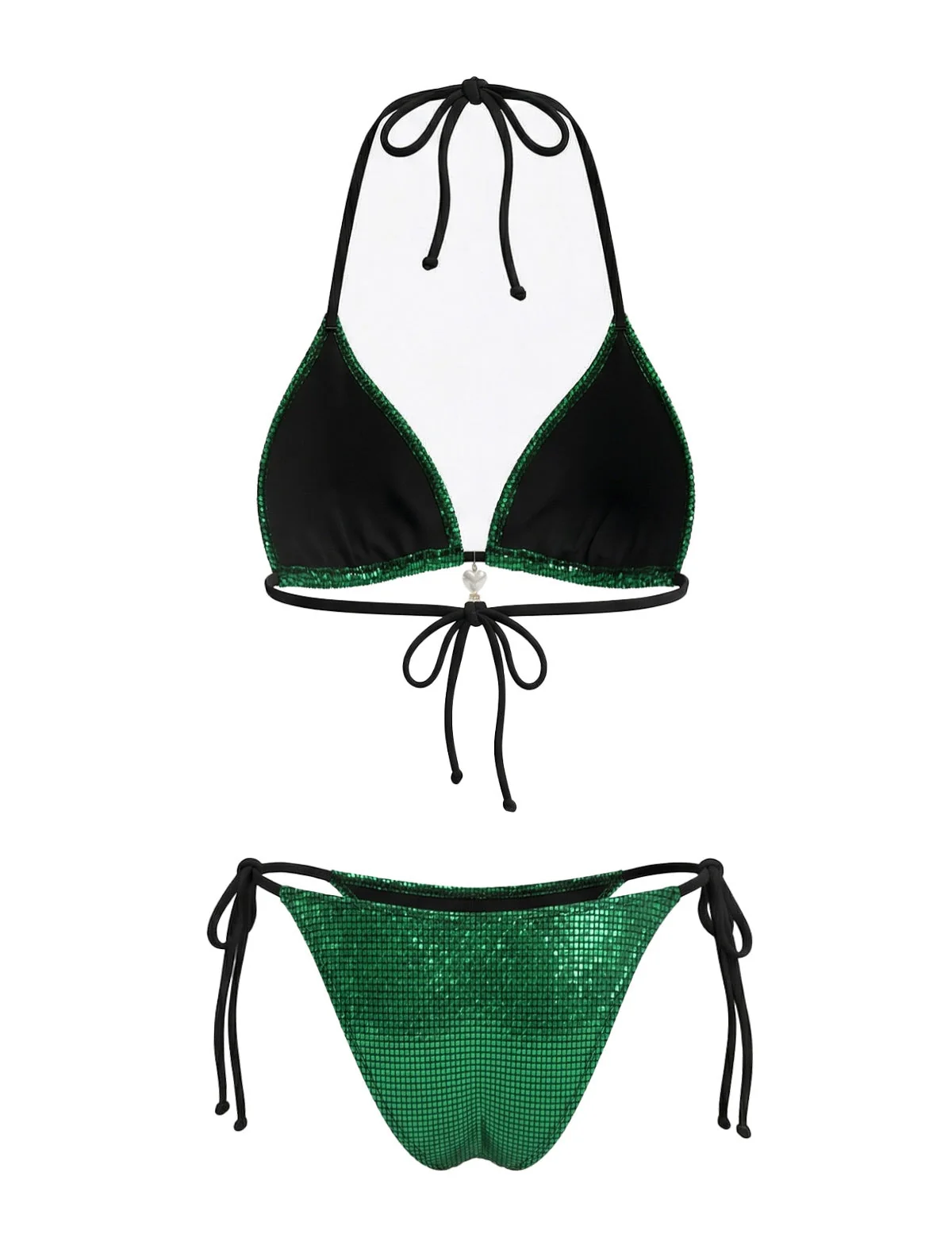 Bright Green 1980s Sequin Halter String Bikini Set - Image 3