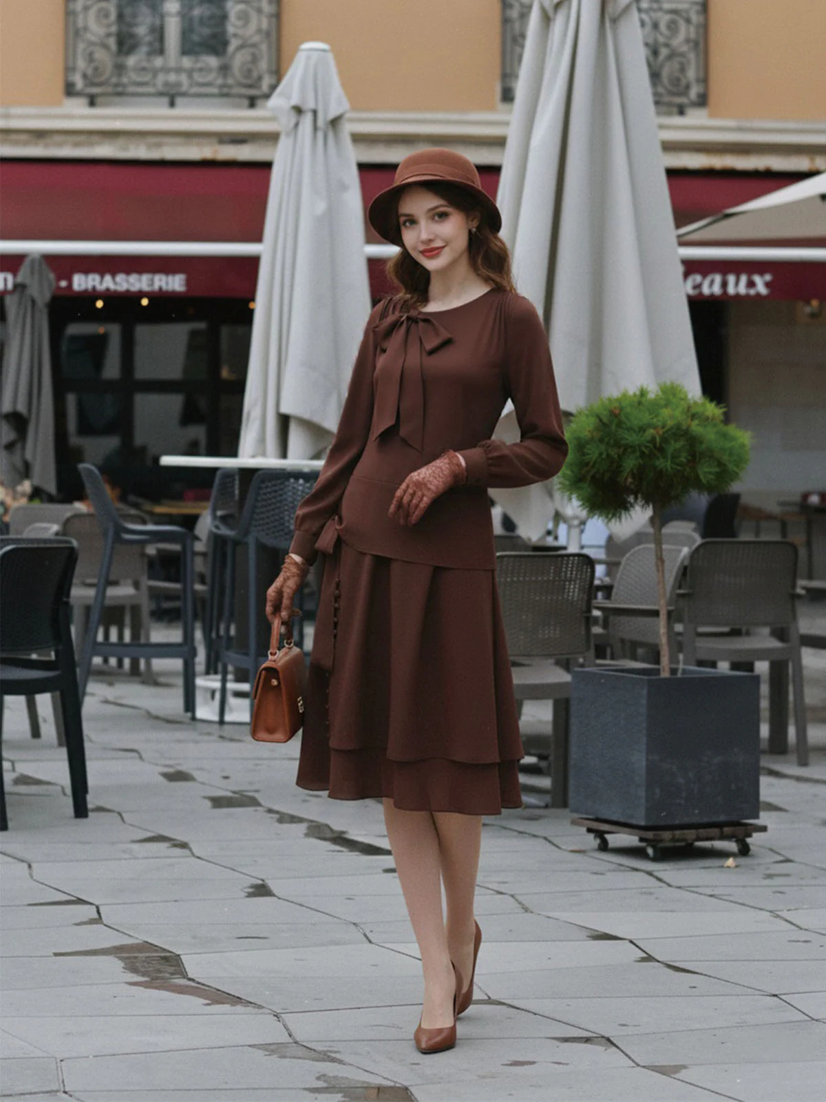 Brown 1920s Bow Tie Belted Waist Dress - Image 2