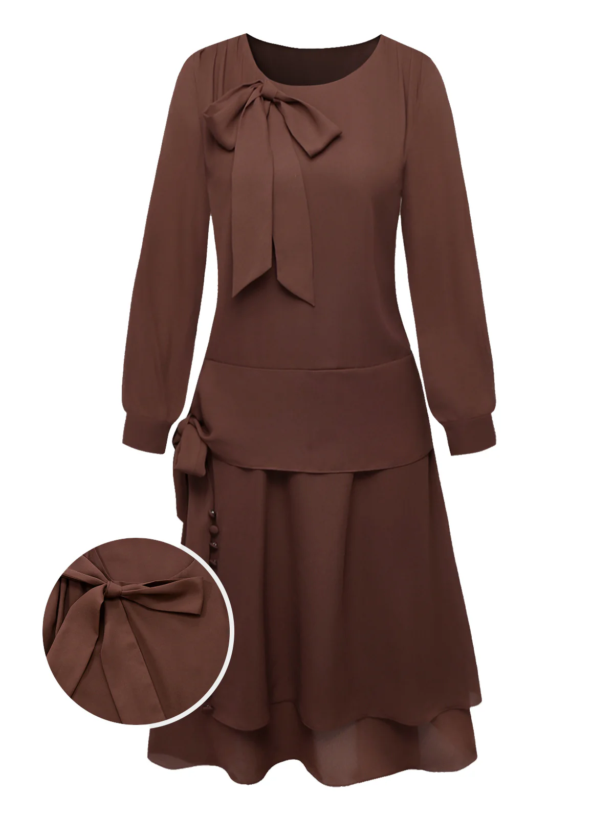 Brown 1920s Bow Tie Belted Waist Dress - Image 3