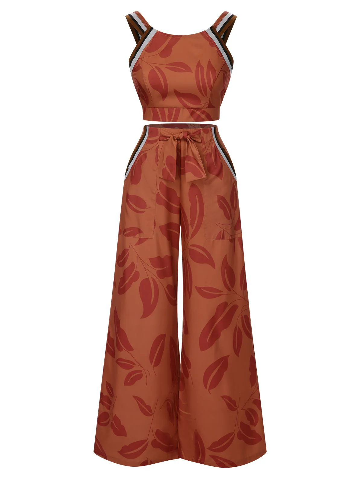 Brown 1930s Botanical Sleeveless Pants Suit - Image 2