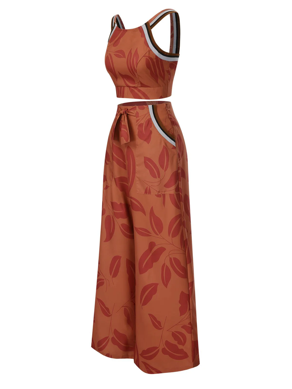 Brown 1930s Botanical Sleeveless Pants Suit - Image 4