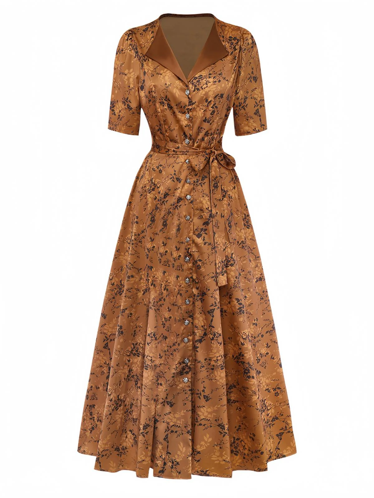 Brown 1930s Ditsy Floral Lapel Maxi Dress - Image 2