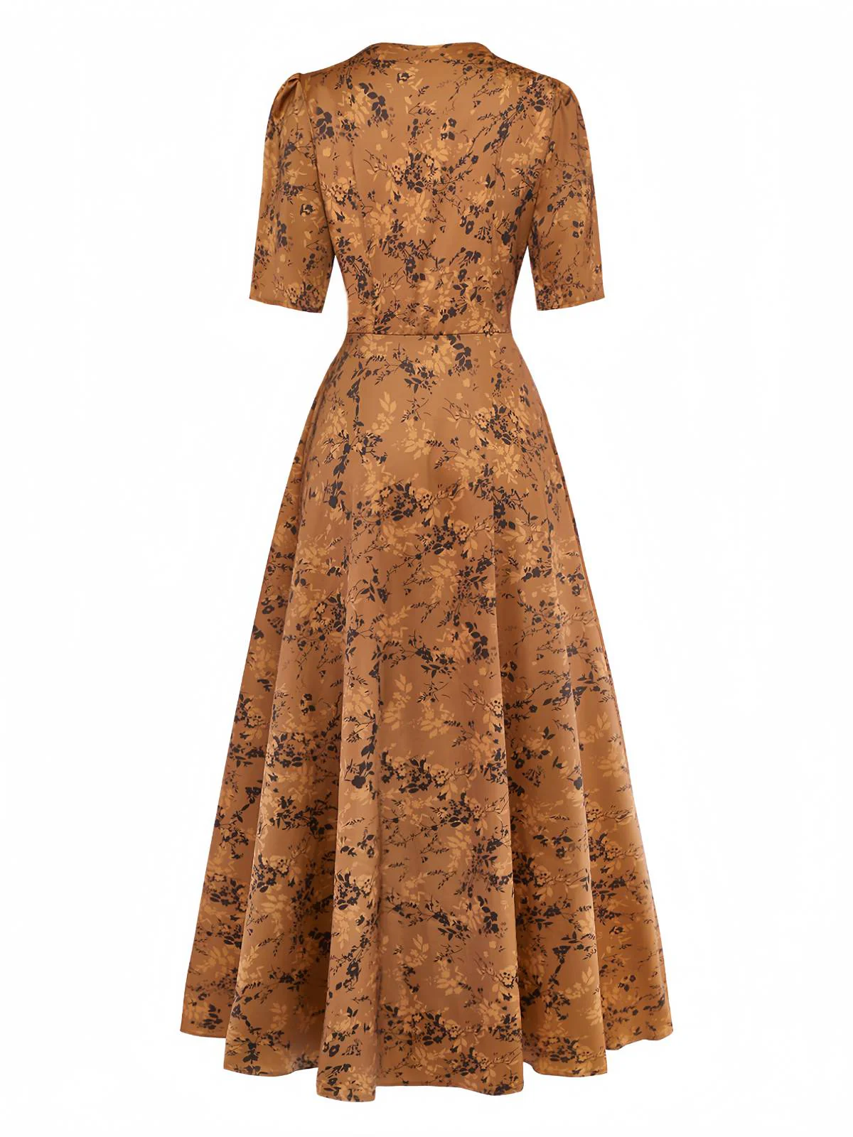 Brown 1930s Ditsy Floral Lapel Maxi Dress - Image 3