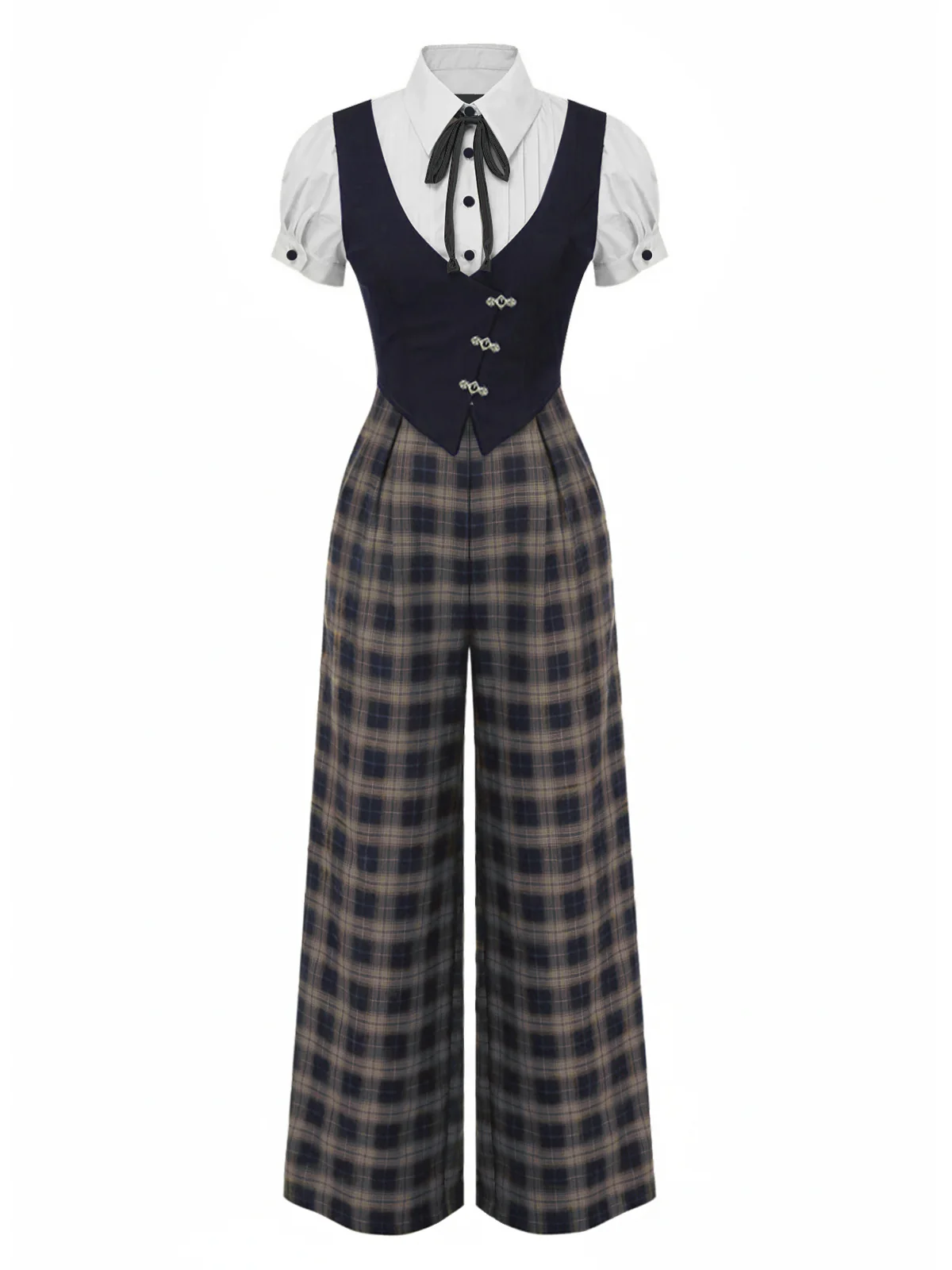 Brown 1930s Faux 3PCS Bow Plaid Jumpsuit - Image 13