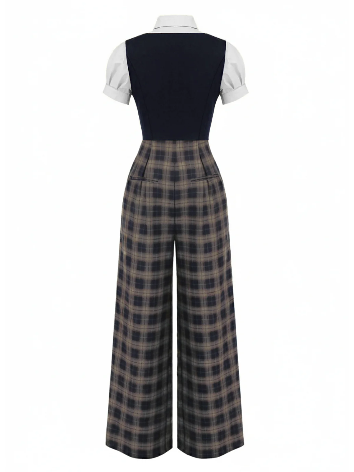 Brown 1930s Faux 3PCS Bow Plaid Jumpsuit - Image 14