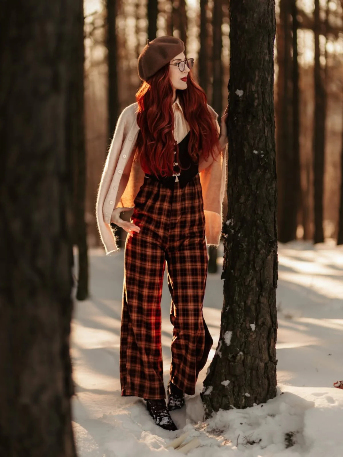 Brown 1930s Faux 3PCS Bow Plaid Jumpsuit - Image 2