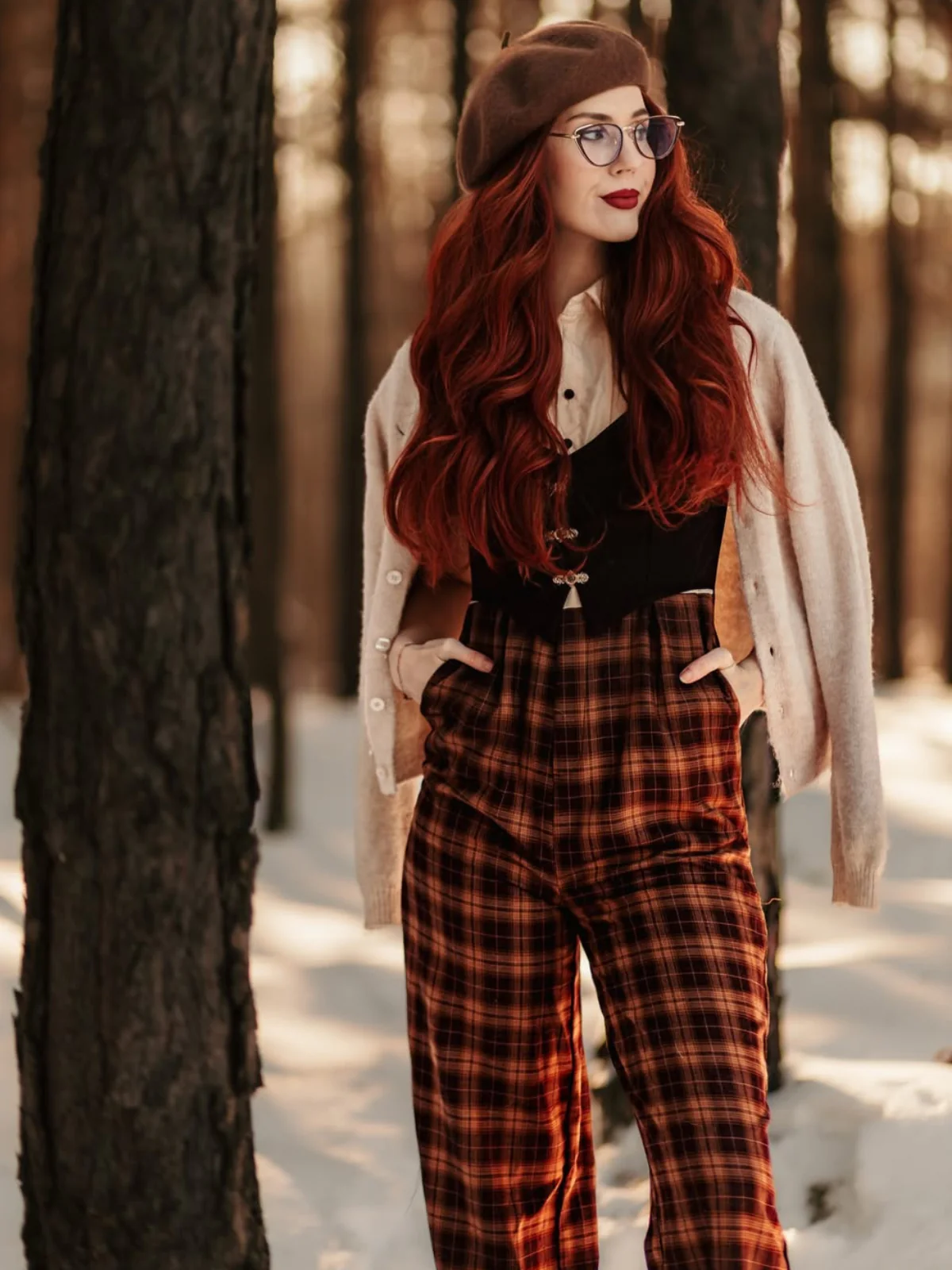 Brown 1930s Faux 3PCS Bow Plaid Jumpsuit - Image 3