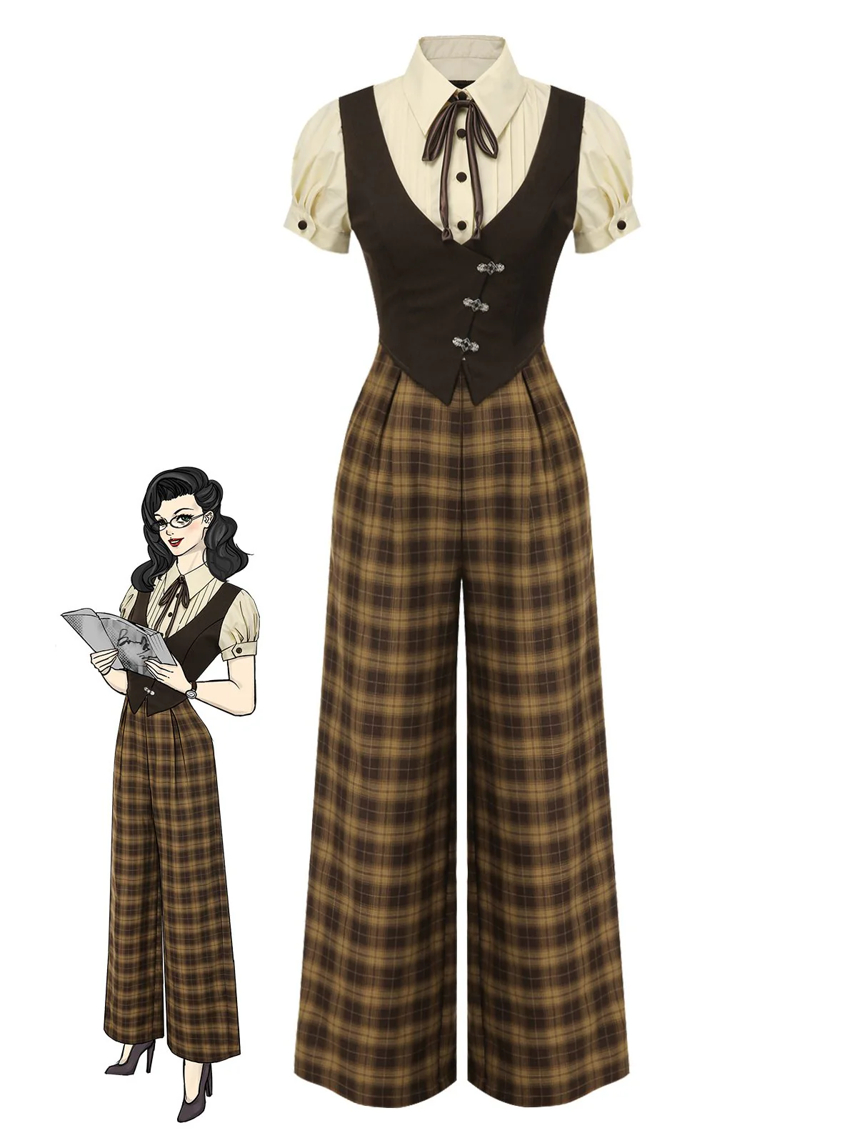 Brown 1930s Faux 3PCS Bow Plaid Jumpsuit - Image 4