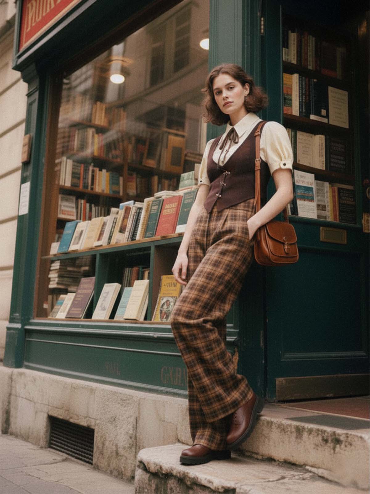 Brown 1930s Faux 3PCS Bow Plaid Jumpsuit - Image 5