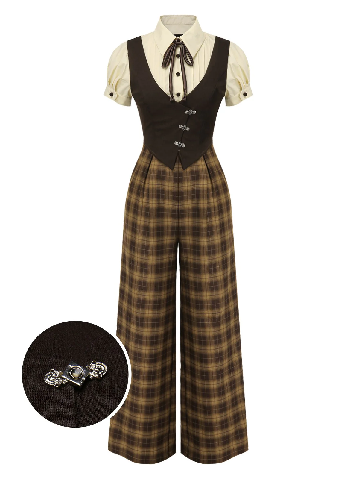 Brown 1930s Faux 3PCS Bow Plaid Jumpsuit - Image 6