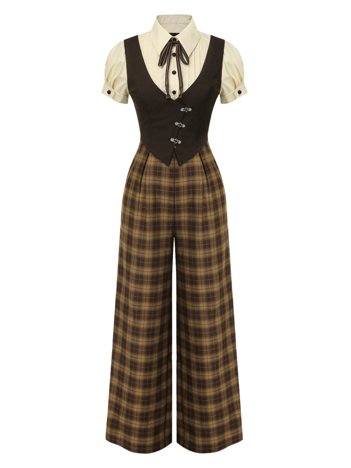 Brown 1930s Faux 3PCS Bow Plaid Jumpsuit - Image 7