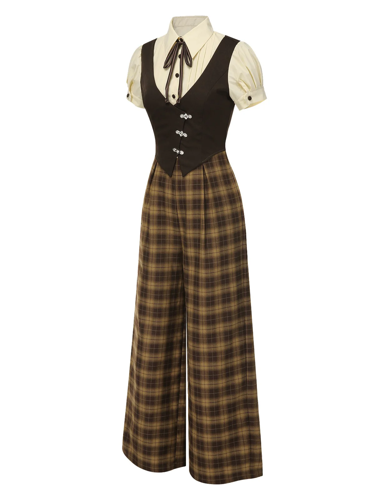 Brown 1930s Faux 3PCS Bow Plaid Jumpsuit - Image 8
