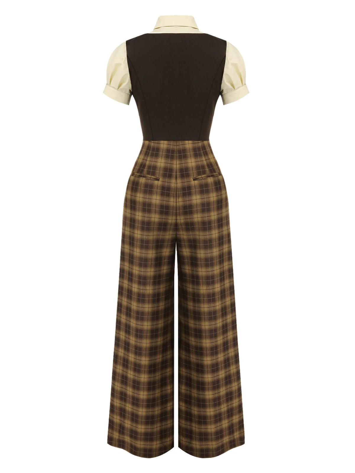 Brown 1930s Faux 3PCS Bow Plaid Jumpsuit - Image 9