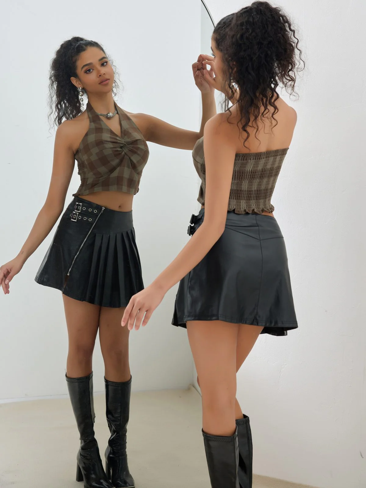 Brown 1930s Halter Gingham Plaid Smocked Crop Top - Image 2