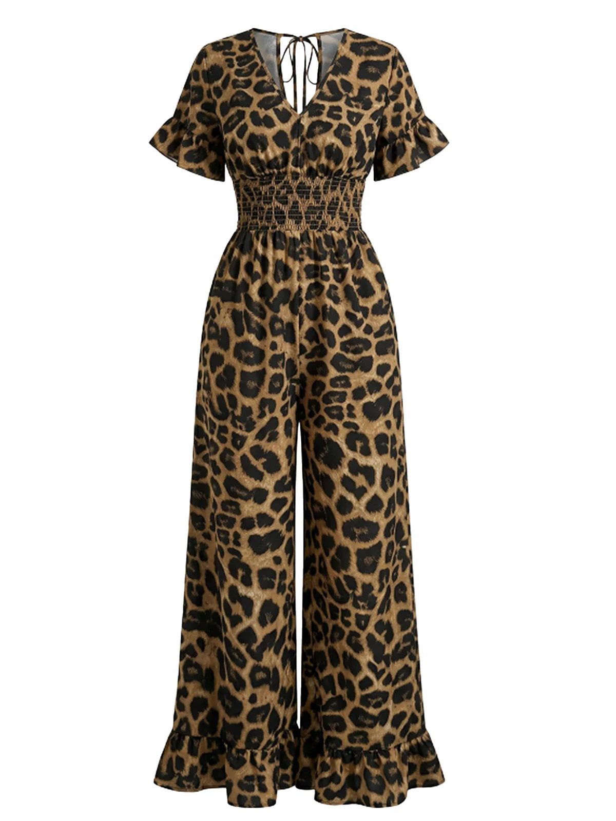 Brown 1930s Leopard Ruffled V-Neck Empire Waist Jumpsuit - Image 2