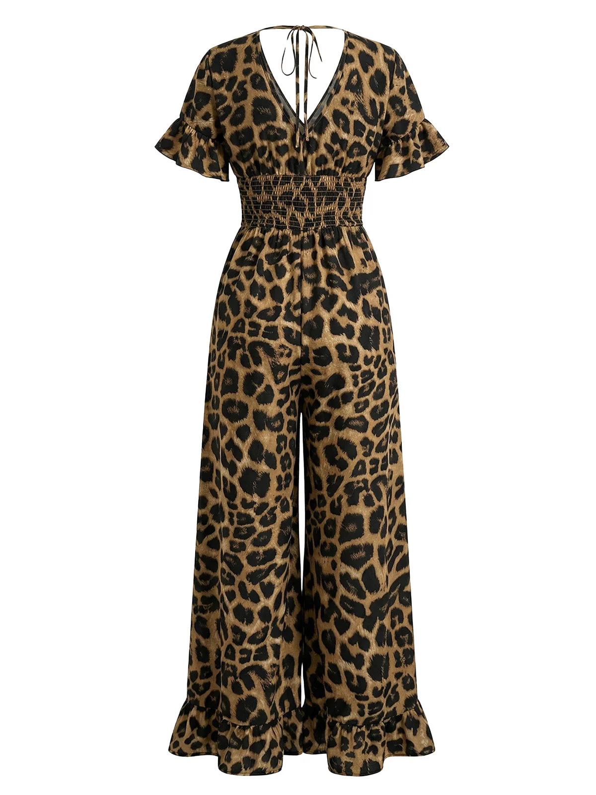 Brown 1930s Leopard Ruffled V-Neck Empire Waist Jumpsuit - Image 3