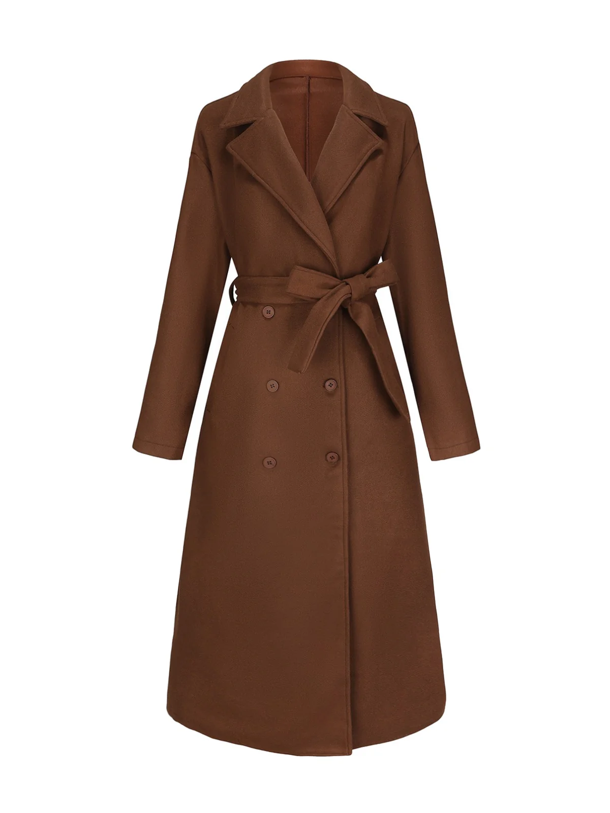 Brown 1930s Notched Collar Faux-Wool Long Coat - Image 2