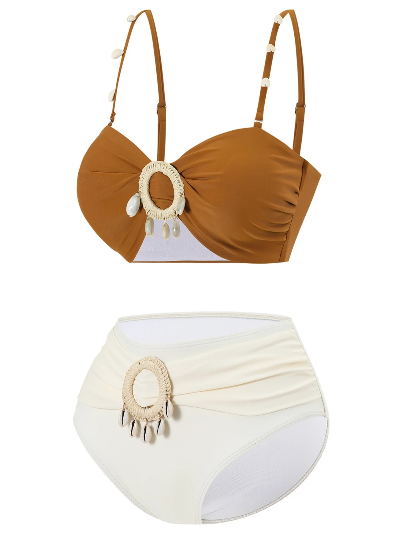 Brown 1940s Colorblock Boho Seashell Bikini Set - Image 2