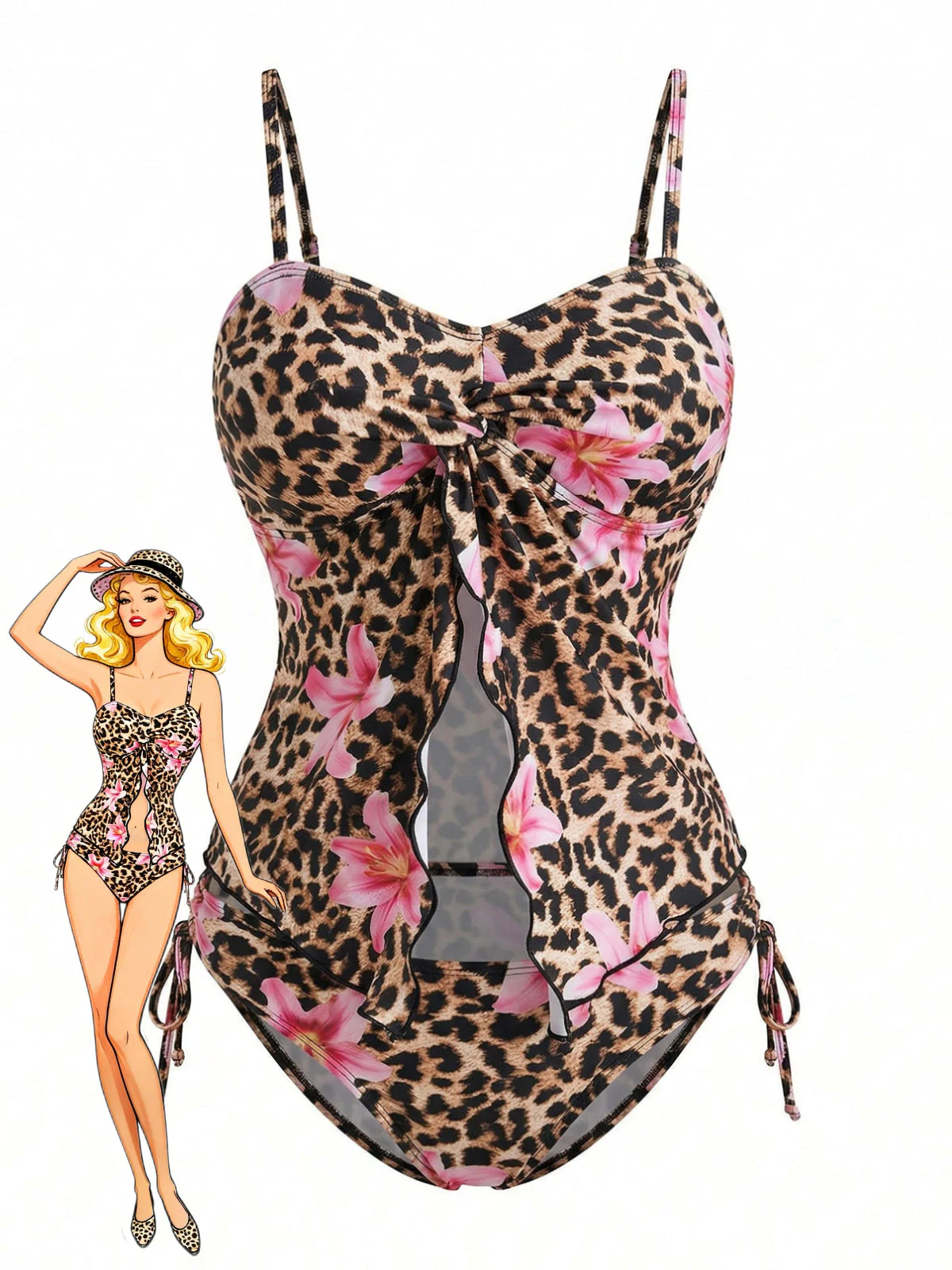 Brown 1940s Leopard Floral Print Front Cutout Tankini Set