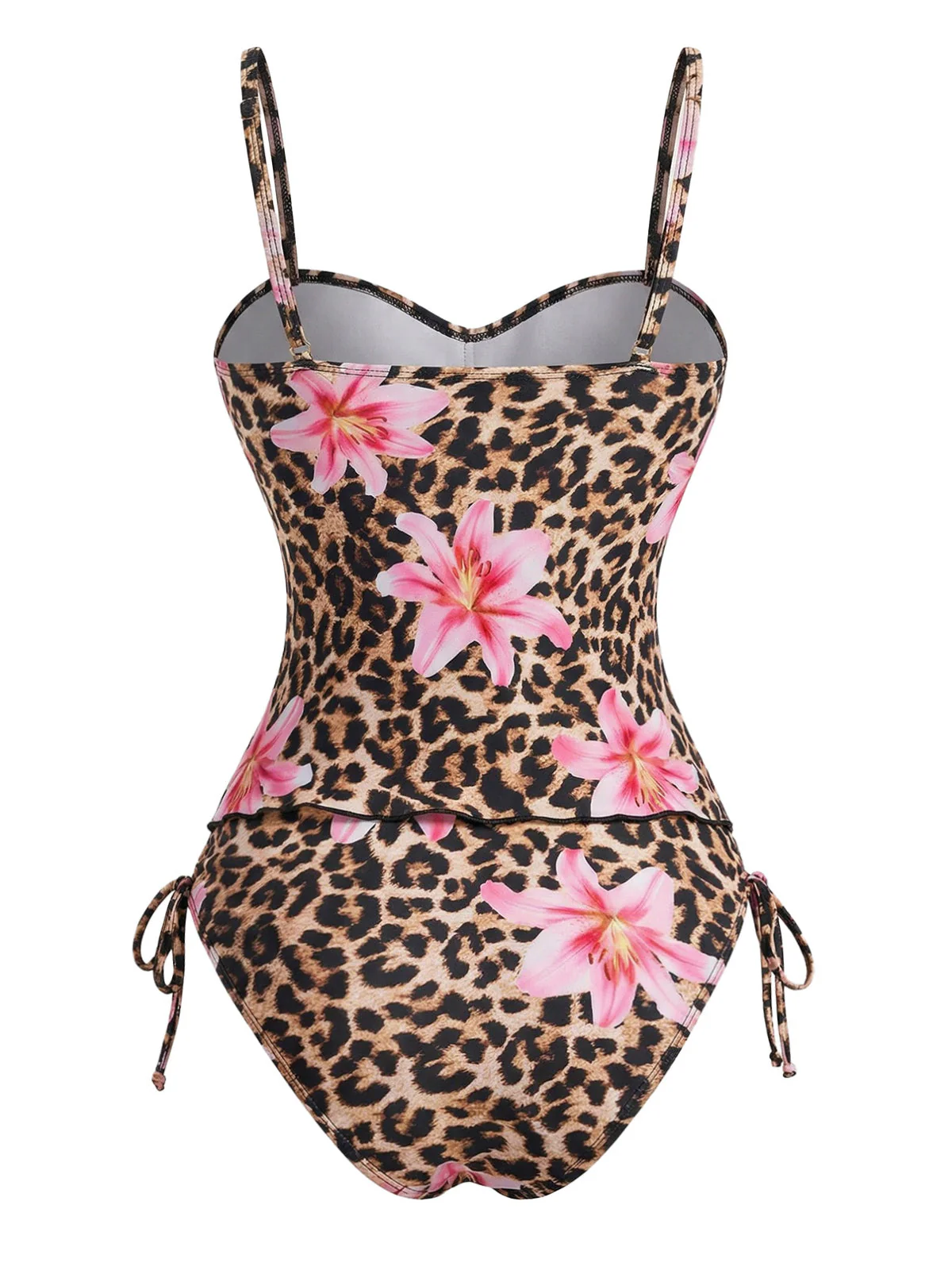 Brown 1940s Leopard Floral Print Front Cutout Tankini Set - Image 3
