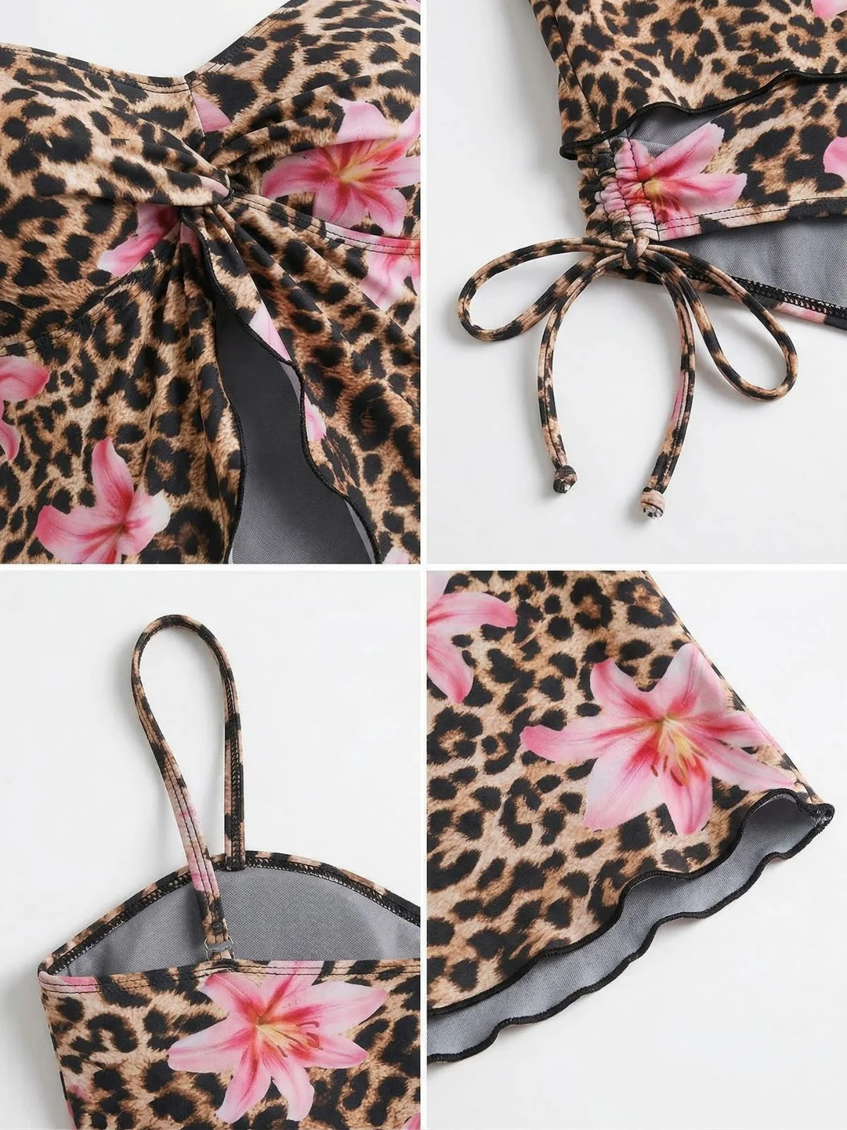 Brown 1940s Leopard Floral Print Front Cutout Tankini Set - Image 4