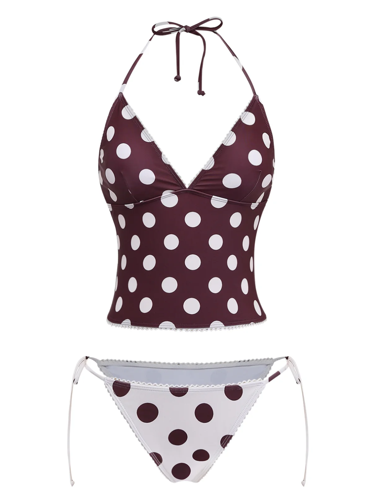 Brown 1940s Polka Dot Deep-V Halter Tankini Set - Image 2