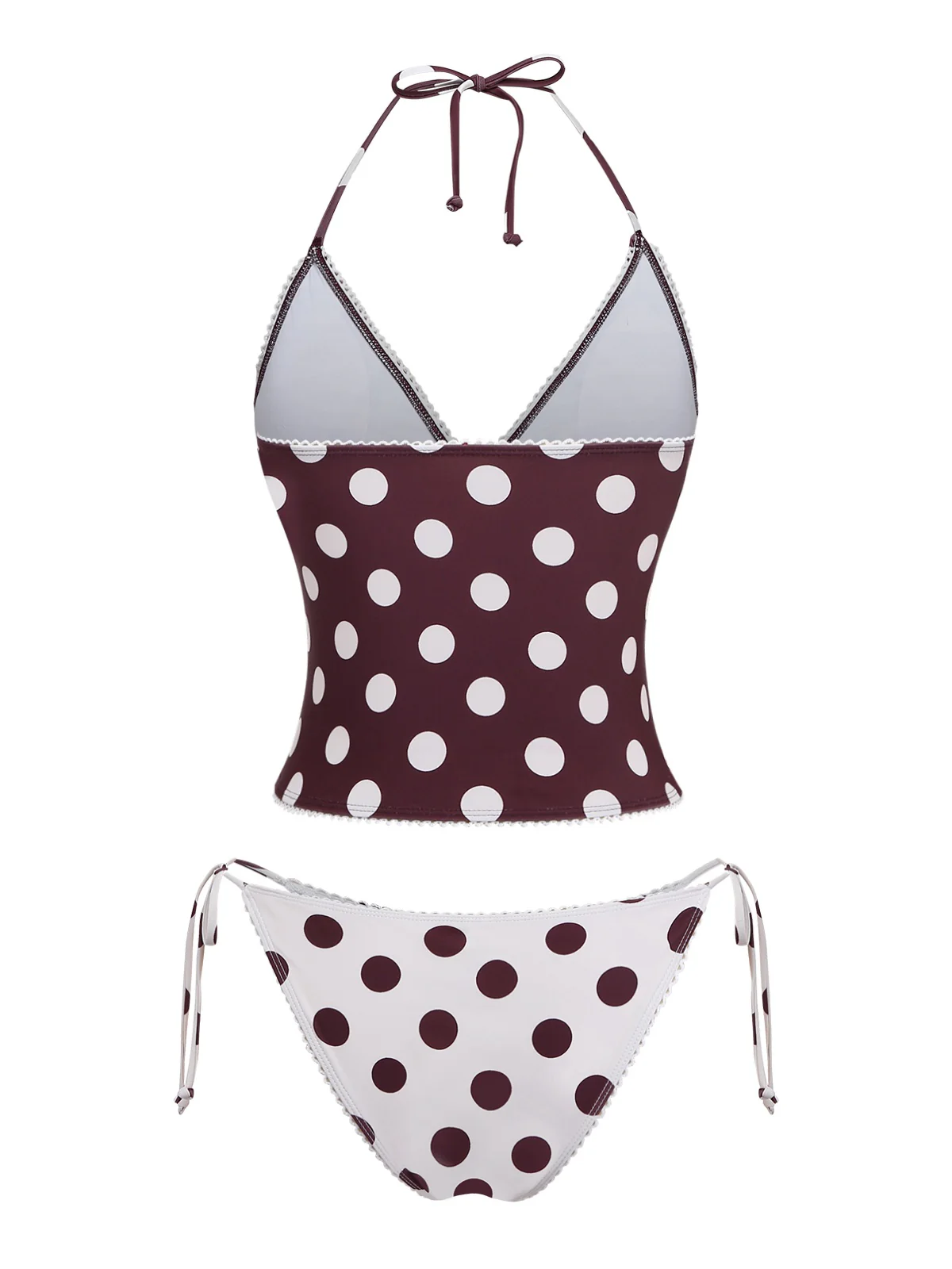 Brown 1940s Polka Dot Deep-V Halter Tankini Set - Image 3
