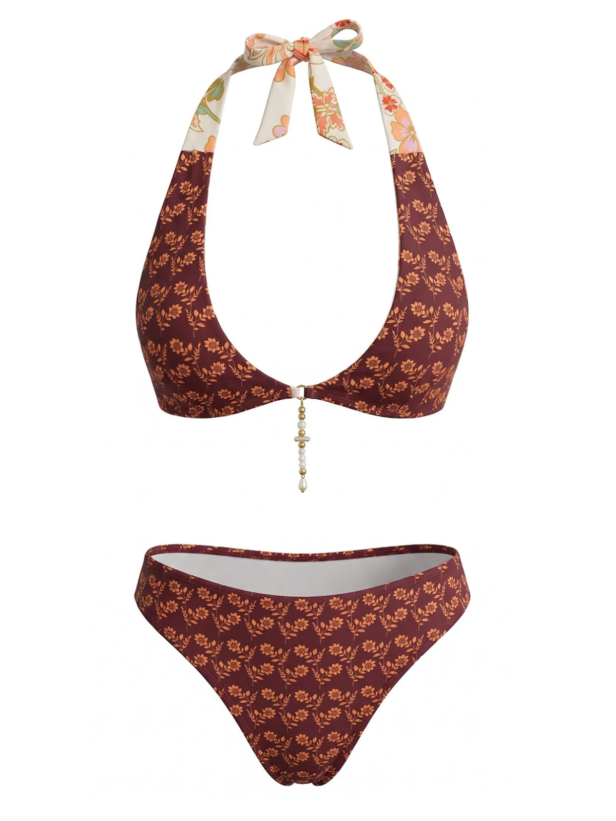 Brown 1940s Reversible Flower Halter Bikini Set - Image 2