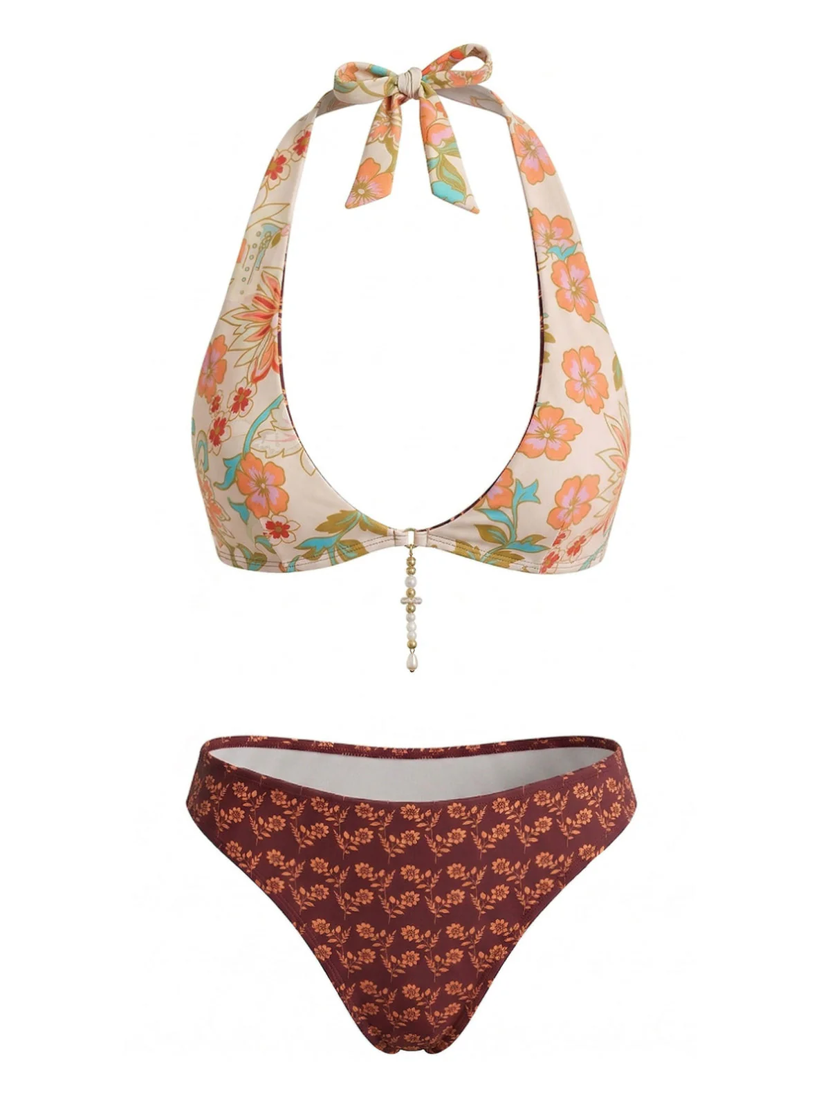 Brown 1940s Reversible Flower Halter Bikini Set - Image 4