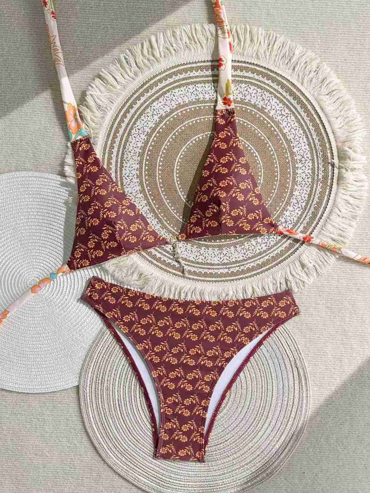 Brown 1940s Reversible Flower Halter Bikini Set - Image 6