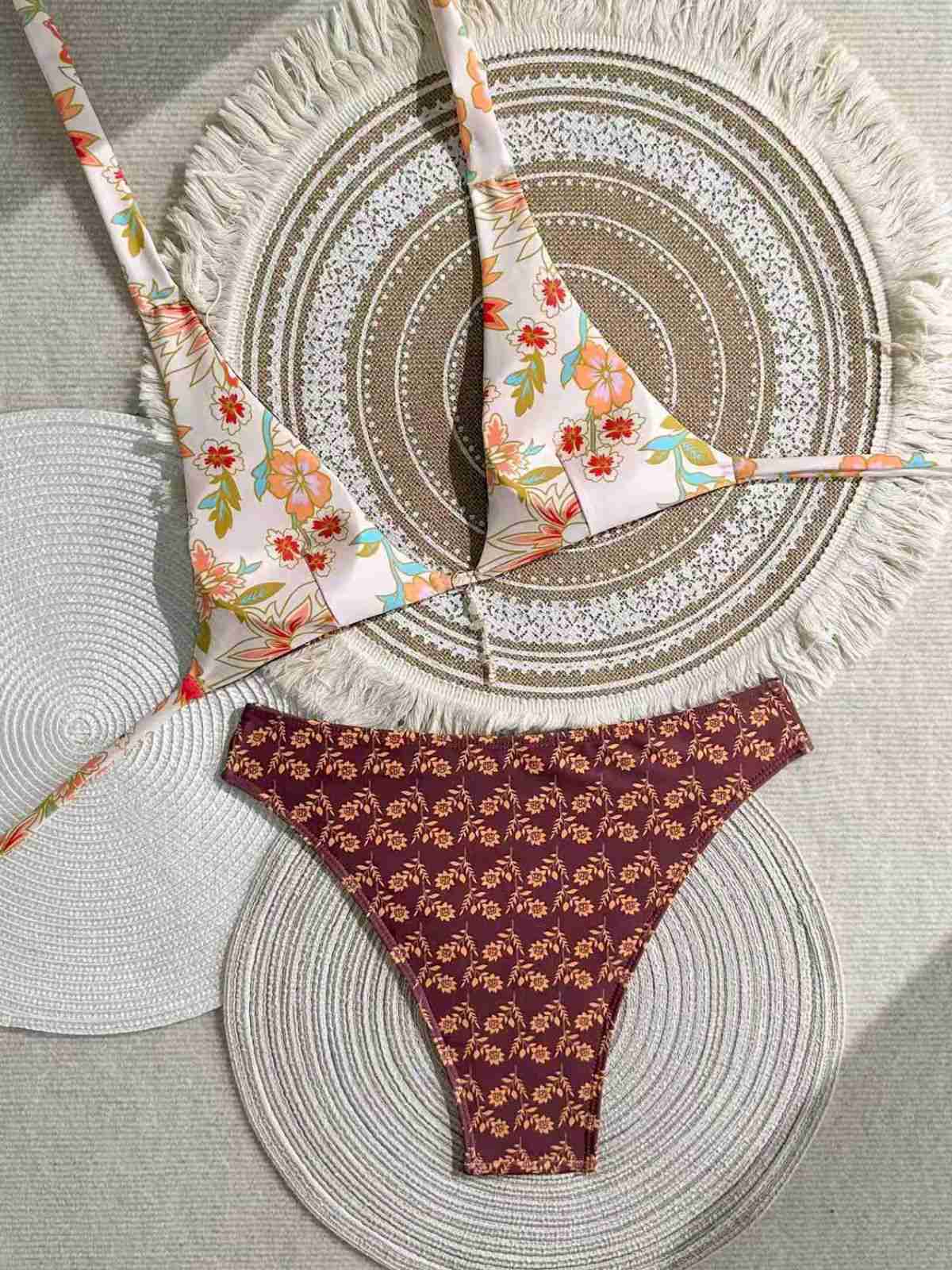 Brown 1940s Reversible Flower Halter Bikini Set - Image 7