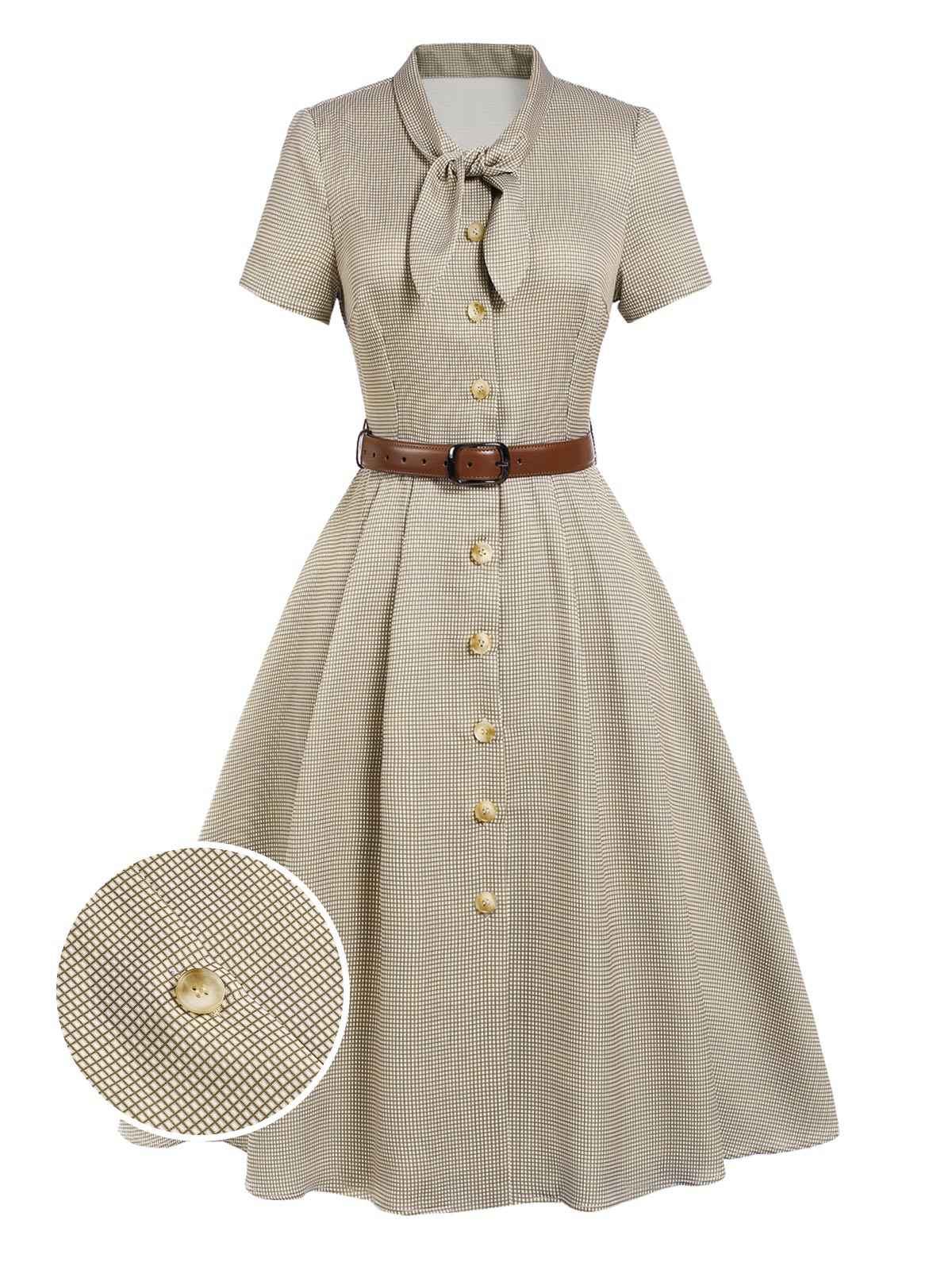 Brown 1940s Small Windowpane Plaid Dress - Image 2
