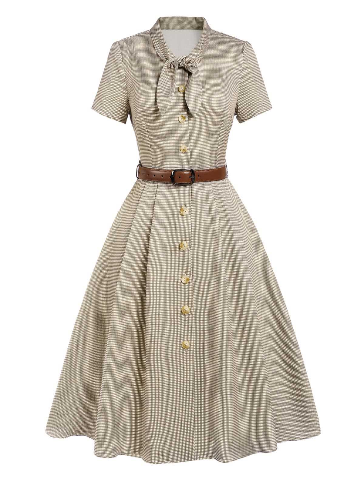Brown 1940s Small Windowpane Plaid Dress - Image 3
