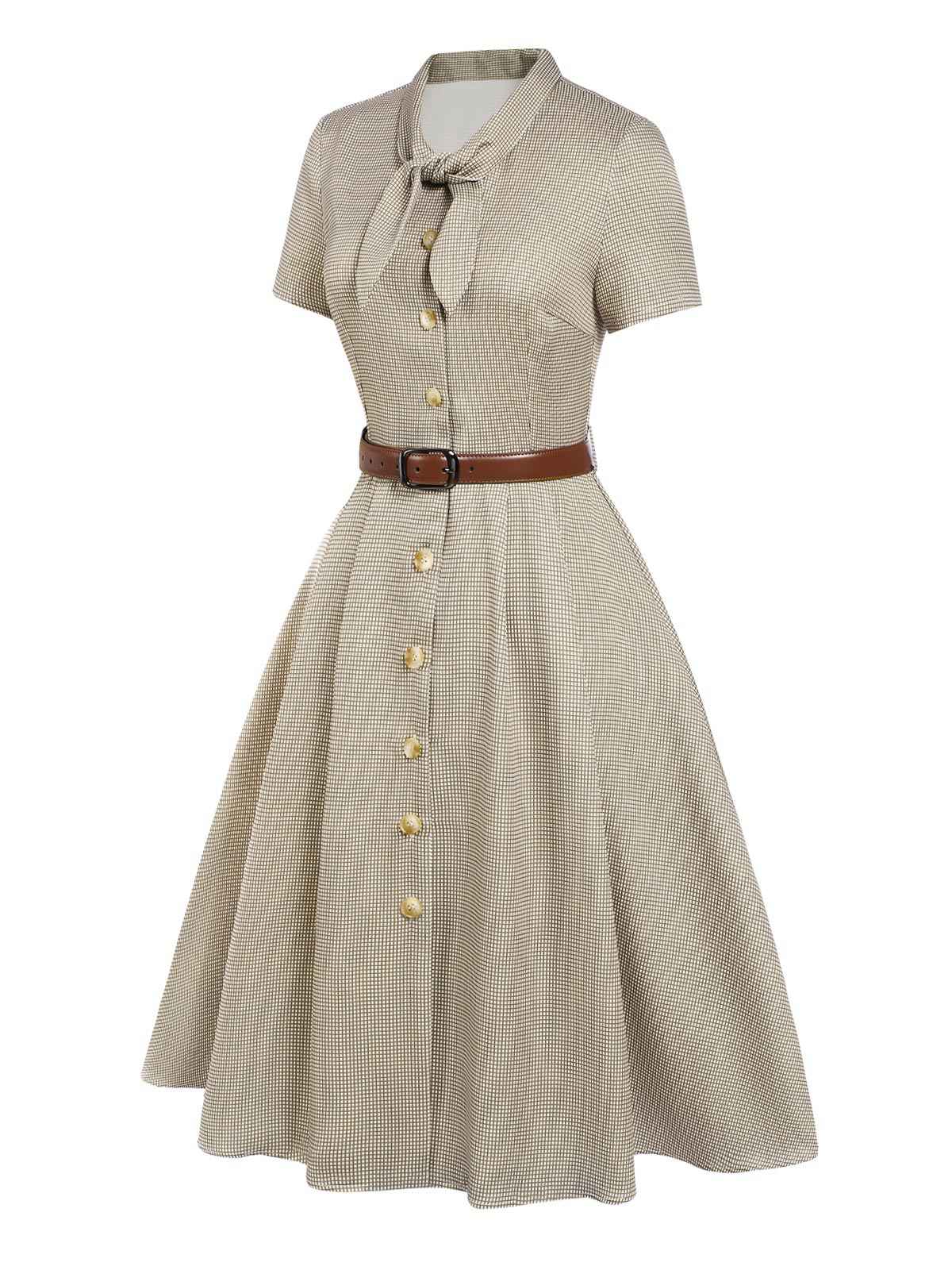 Brown 1940s Small Windowpane Plaid Dress - Image 4